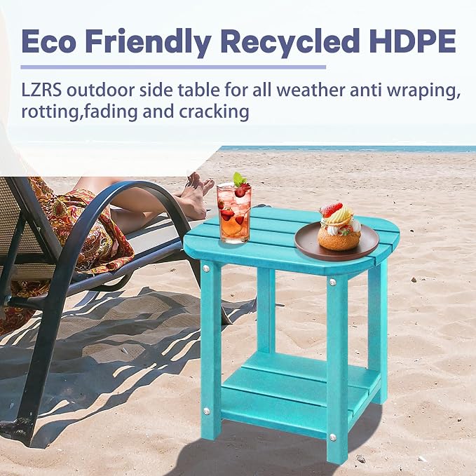 LZRS Patio End Table, Heavy Duty HDPE Outdoor Coffee Table with Wood Texture, Weatherproof Composite Table for Adirondack Chairs, Deck, Pool, Indoor/Outdoor, No Peeling Cracking(Turquoise)