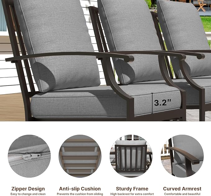 Gotland 7 Piece Outdoor Dining Set, Metal Outdoor Table and Swivel Chairs with X-Shaped Legs 1.5" Umbrella Hole, Patio Furniture Set with Waterproof Cushions, Patio Dining Sets for Backyard Deck Gray