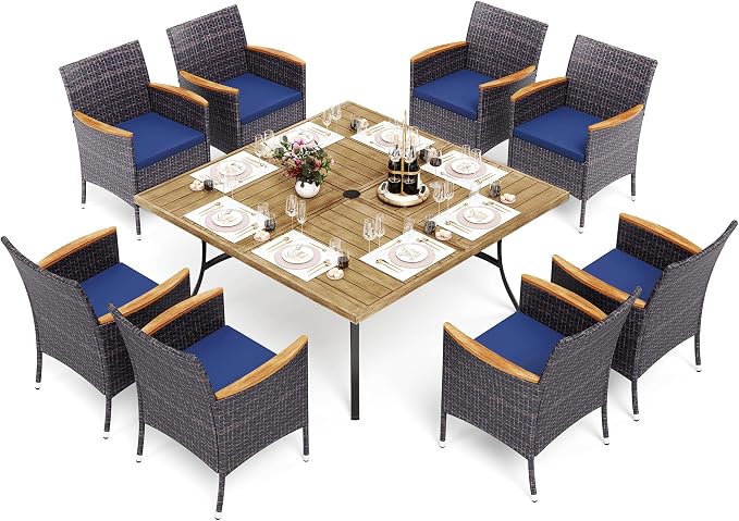 PHI VILLA 9 Pieces Patio Square Dining Set for 8, 57” Wood-Like Large Metal Steel Dining Table & Rattan Wicker Chairs with Cushions, Outdoor Dining Furniture for Deck, Yard, Porch