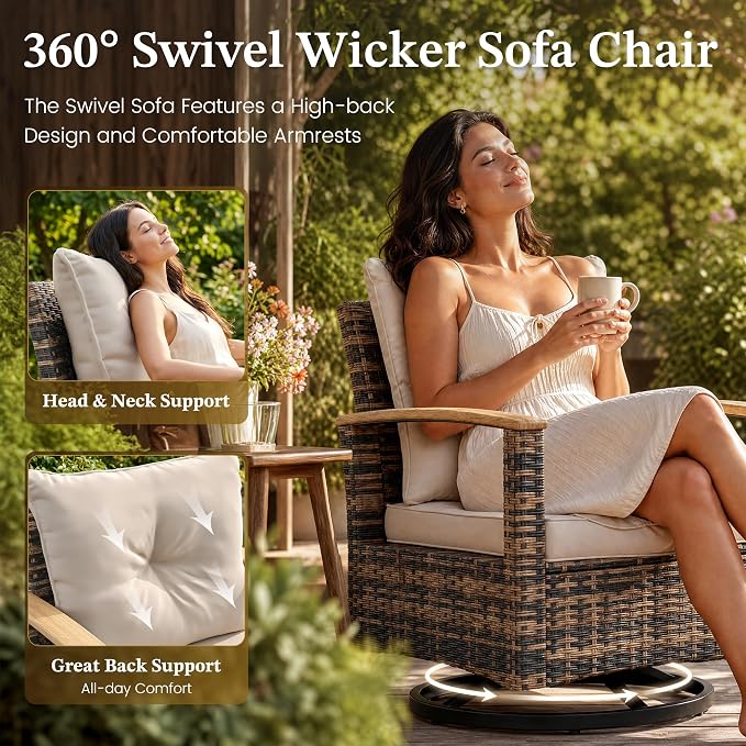 UDPATIO Patio Furniture Set with Swivel Chairs, 6 Pieces Outdoor Wicker Conversation Set with Storage Table for Lawn, Porch, Garden, Backyard, Khaki