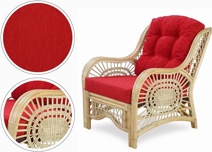 Malibu Lounge Set of 4: 2 Natural Rattan Wicker Chairs, Three-Seater Sofa with Cushions and Coffee Table with Glass Handmade, Natural Color