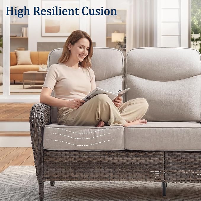 Outdoor Swivel Rocking Chair Patio Set (8pcs), High-Back - Thick Cushion Swivel Rocking Chair Patio Set, All-Weather Wicker Patio Furniture Set, Suitable for Balcony Patios, Brown/Beige