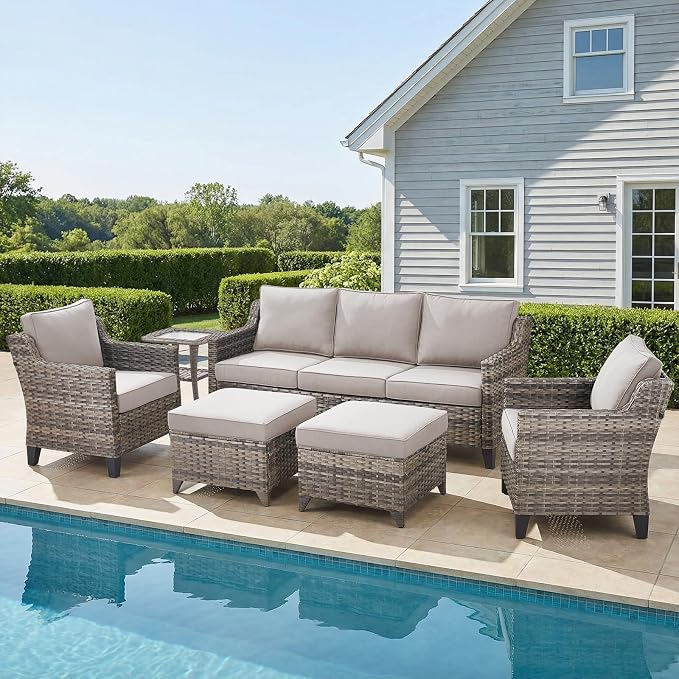 Belord Patio Chairs Set of 2 with 3-Seater Sofa, Outdoor Rattan Chairs for Deck Porch Garden, 6 Piece Luxury Patio Furniture Set, Beige
