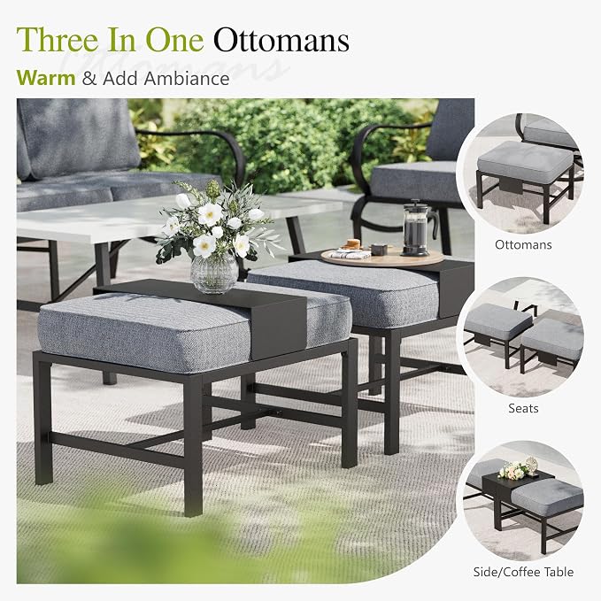 Sophia & William Patio Furniture Sets for 9 with 45" Gas Fire Pit Table Outdoor Conversation Sets 8 Pcs, 2xSofa Chairs, 2xSwivel Cushion Chairs, 1x3-Seat Sofa, 2xOttomans for Porch Poolside Grey