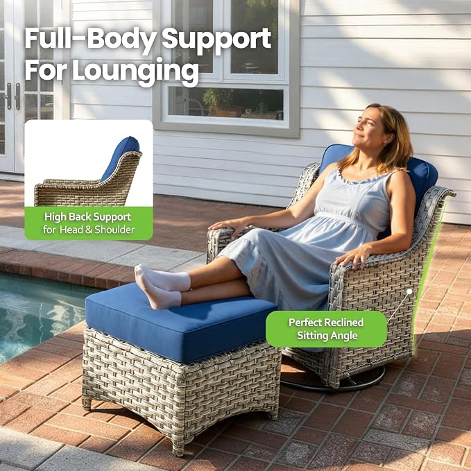 6 Piece Patio Furniture Set with Fire Pit Table, Conversation Sets with High Back Swivel Rocker Chairs, Outdoor Wicker Sofa Loveseat with Comfy Cushion for Backyard Deck Garden, Navy Blue