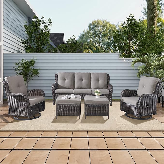 Rilyson 5 Piece Patio Furniture Set - Rattan Wicker Outdoor Patio Conversation Sets with 2 Swivel Rocker Chairs,2 Ottomans and 1 Sofa for Outside Porch Deck Backyard(Brown/Grey)