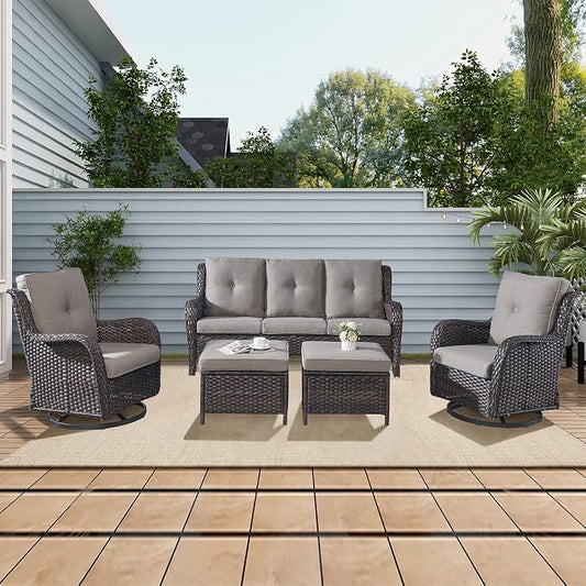 Rilyson 5 Piece Patio Furniture Set - Rattan Wicker Outdoor Patio Conversation Sets with 2 Swivel Rocker Chairs,2 Ottomans and 1 Sofa for Outside Porch Deck Backyard(Brown/Grey)