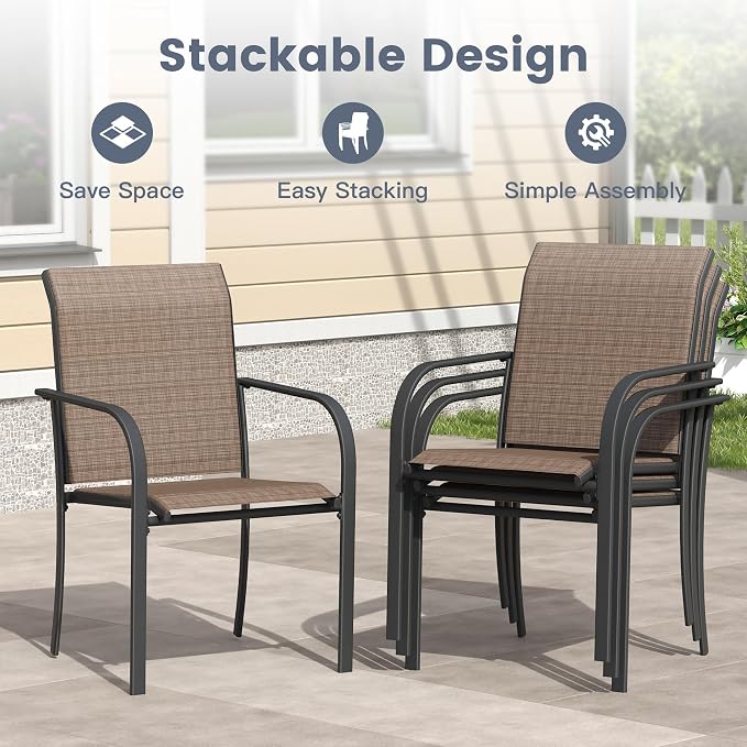 VICLLAX 7 Pieces Patio Outdoor Dining Set, 47.2" Round Metal Table with Umbrella Hole and Storage Shelf, 6 Stackable Textilene Chairs for Patio, Lawn, Garden, Porch, Black/Brown