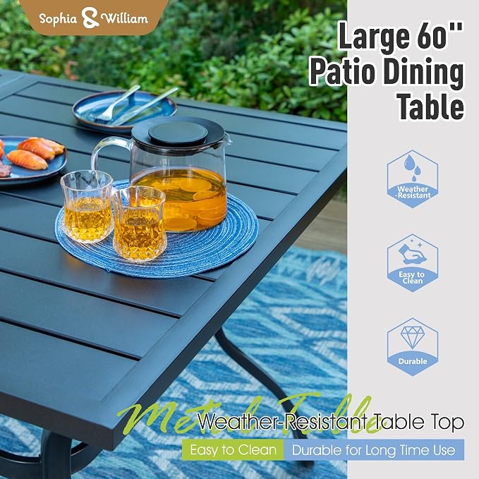 Sophia & William Patio Dining Set for 6 w/Swivel Textilene Chairs, Brown | 60"x 38" outdoor table and chairs, all-weather E-coating metal frame & mesh fabric. Suitable for deck, garden, poolside