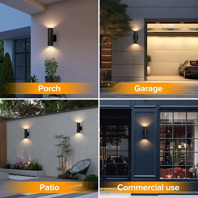 LUTEC Dusk to Dawn Outdoor Wall Lights, 16W Integrated LED Cylinder Up-Down Sconce, 3000K Waterproof Aluminum Exterior Lighting, Matte Black Modern Porch and Entryway Wall Light Fixture, 4 Pack