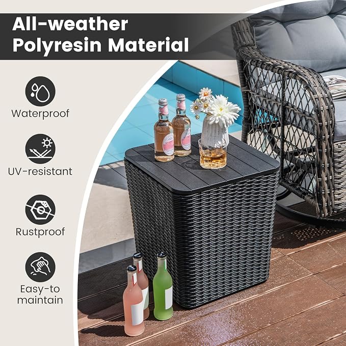 MEDIMALL Resin Wicker Patio Side Table with Lid, 11.5-Gallon Outdoor Deck Box with Concealed Storage Space, Small Square Coffee Table End Table for Porch, Garden, Poolside, Brown/Black (black)