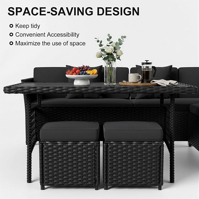 LOUVIXA 7 Pieces Patio Furniture Set, Outdoor Patio Furniture, Wicker Conversation Set with Dining Table, Chairs and Ottoman (17 Modern Black)