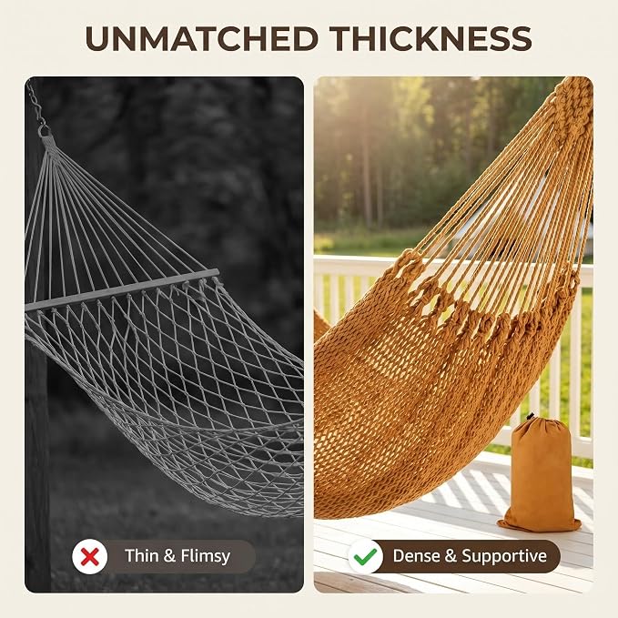 Mayan Style Handwoven Hammock with Carry Bag, 2 Person Cotton Nylon Rope Hammock, 500 lb Capacity for Camping, Backyard, Patio, Porch, Indoor Outdoor Use