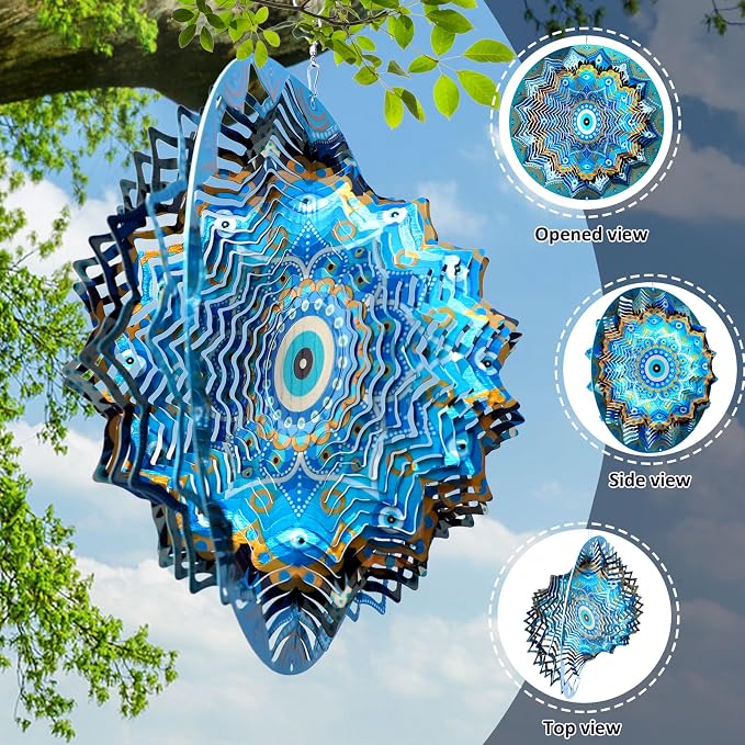 Aoedelyart Wind Spinners Outdoor Mandala Peacock Evil Eye‌,12In Stainless Steel Wind Spinner Hanging Garden Decor,Garden Gifts for Women,Men,Mother,Father,Wind Sculptures 3D Kinetic Yard Art Ornament