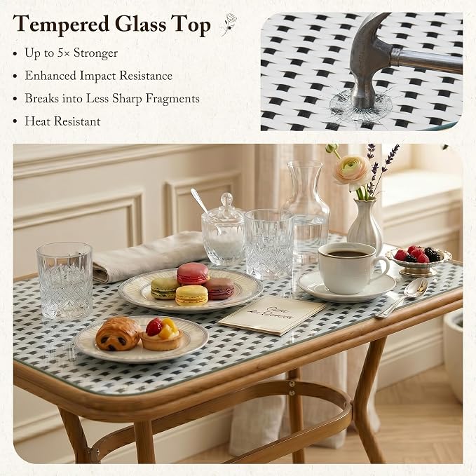 PURPLE LEAF 7-Piece French Bistro Dining Set Rectangle Outdoor Patio Table and 6 Armless Chairs Tempered Glass Top PE Rattan Bamboo Print Finish Aluminum Frame White