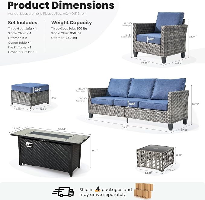 ovios 9 Pieces Patio Furniture Set with 54" Fire Pit Table, Outdoor Sofa Couch with Solar Lights Table Comfy Cushions, Modern Deep Seat Wicker Rattan Conversation Set, Denim Blue