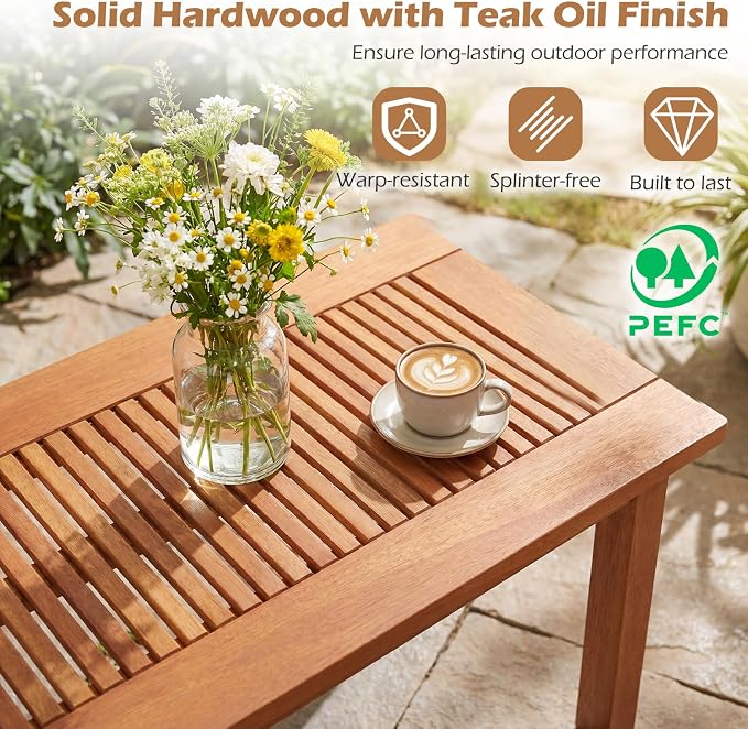 Tangkula 35.5 Inch Outdoor Coffee Table, Modern Rectangular Patio Table with Slatted Top, Teak Oil Finish, Solid Wood Coffee Table for Deck, Garden, Backyard, Indoor & Outdoor Use
