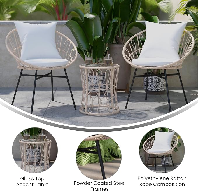 EMMA + OLIVER Ari 3 Piece Boho Patio Set - Tan Finish Faux Rattan Rope Chairs - Light Gray Removable Cushions - Tempered Glass Top Side Table - Indoor/Outdoor