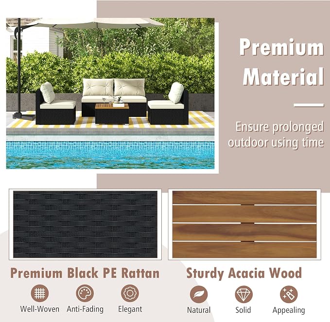 Tangkula 5 Pieces Wicker Patio Furniture Set, Outdoor 4 Armless Rattan Sofa & Coffee Table Set, with Cushions, Acacia Wood Tabletop, Sectional Patio Conversation Set for Lawn, Yard, Poolside