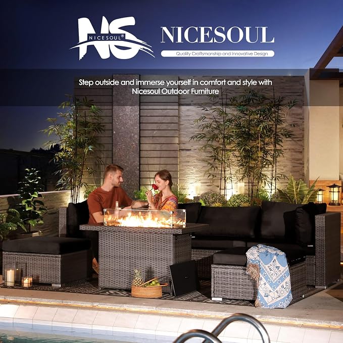 NICESOUL 13 Piece Patio Furniture w/Fireplace, Elegant Outdoor Seating w/Firepit, XL Size 29.3'' High Back Sectional Sofa, All-Weather Rattan Deck Couch, Modular Sturdy Conversation Set,Gray & Black