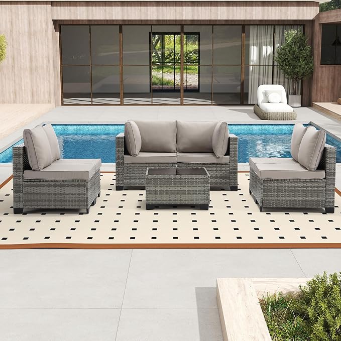 Bonzy Home 7 Pieces Outdoor Patio Furniture Set, PE Rattan Outdoor Sectional Furniture Sofa Set with Removable Cover and Glass Coffee Table, Patio Sofa for Balcony, Porch, Garden, (Grey-Grey)