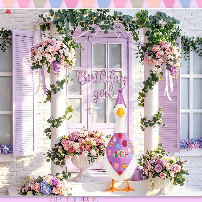 Happy Birthday Goose Outfit with Glitter Hat and Bandana,Purple | for 23" 17" Cement Plastic Porch Goose, Outdoor Statue Patio Yard Lawn Art