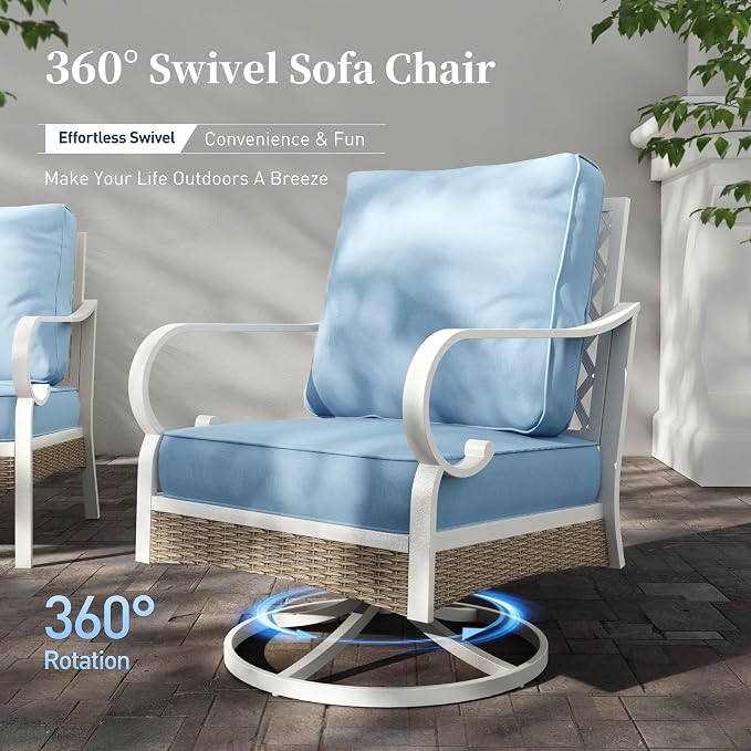 SUNSHINE VALLEY 4 Piece Metal Outdoor Patio Furniture Set, Patio Conversation Sets with 3-Seater Sofa, 2 Swivel Chairs and Coffee Table, White Frame Outdoor Seating Furniture for Bavkyard, Blue