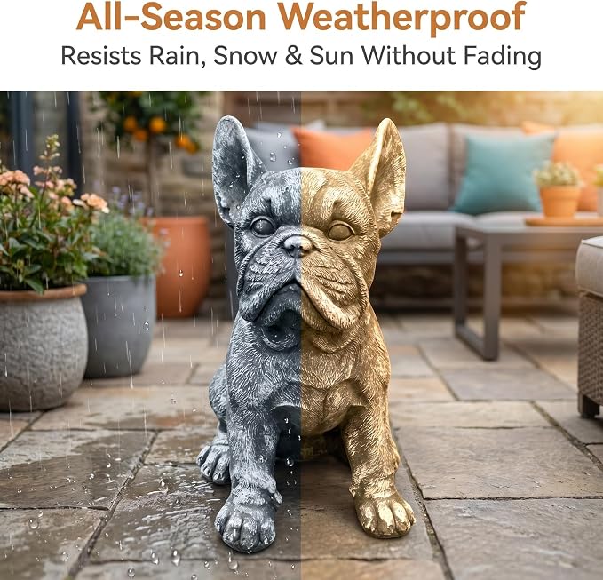 French Bulldog Statue, Grey, 16" Large Dog Garden Sculpture | Weatherproof Resin, Stone Effect, Realistic Frenchie Figurine, Outdoor Yard Patio Lawn Porch Decor