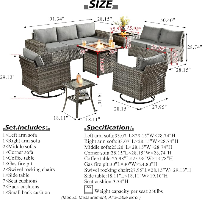 HOOOWOOO Outdoor Patio Sectional Furniture Sofa Set with Fire Pit Table,10 Piece Modern Wicker Couch with Swivel Chairs,Modular Conversation Seating Set with Widened Armrest for Garden(Dark Grey)