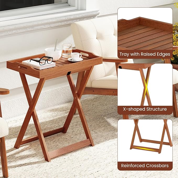 Giantex Outdoor Side Table Set of 2, Wooden Folding Table with Removable Tray Top, Food Serving Tray with Stand for Patio, Porch, Garden, Backyard & Poolside