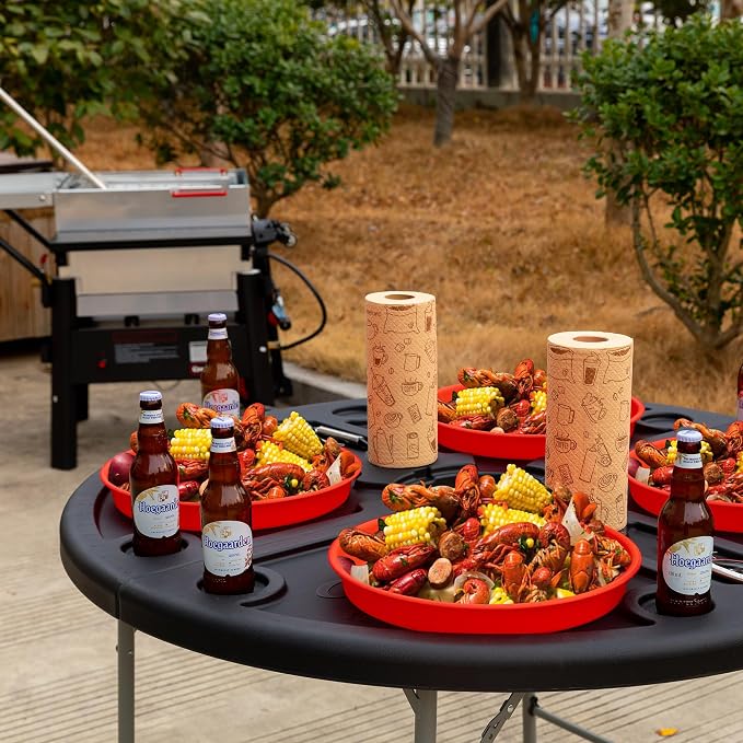 Creole Feast FT4804 Foldable Round Crawfish Table, 47 Inch Portable Seafood Table with Large Grooved Areas and Beverage Holders for Both Indoor & Outdoor Use, Black