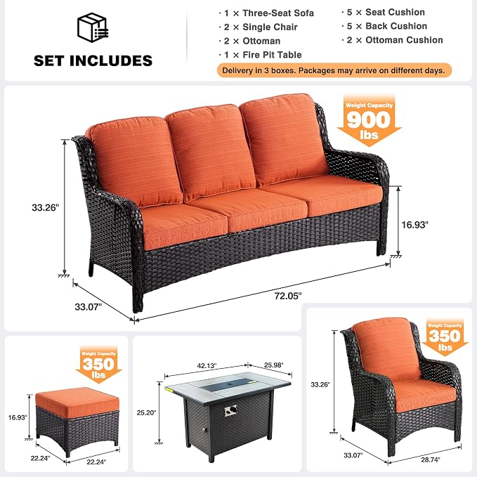 ovios 6-Pieces Patio Furniture Set with 42" Fire Pit Table, Outdoor Wicker Sofa Couch Ottomans Comfy Cushions, High Back Modern Conversation Set, Brown Rattan, Orange Red