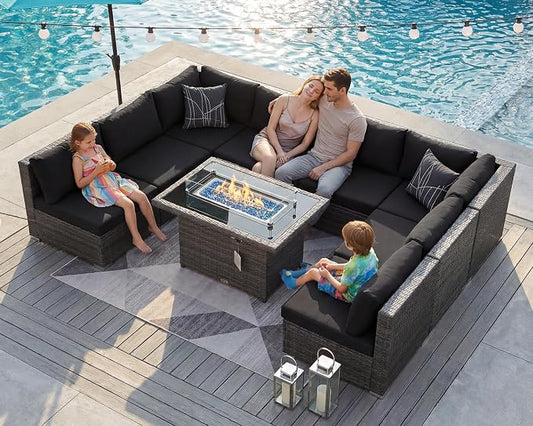 BULEXYARD 9 Pieces Highback Wicker Patio Furniture Set with Firepit, High Weight Capacity Outdoor Sectional Couch Sofa 8-Seater Modular, Plus Comfortable Wide Deep Deck Seating Group, Grey & Black