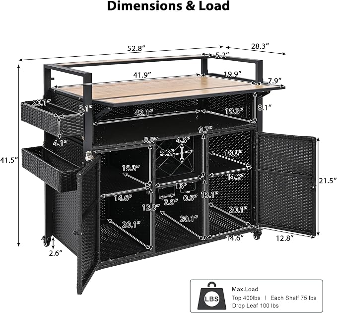 Outdoor Bar Table on Wheels with Extended Table Top and Storage Cabinet