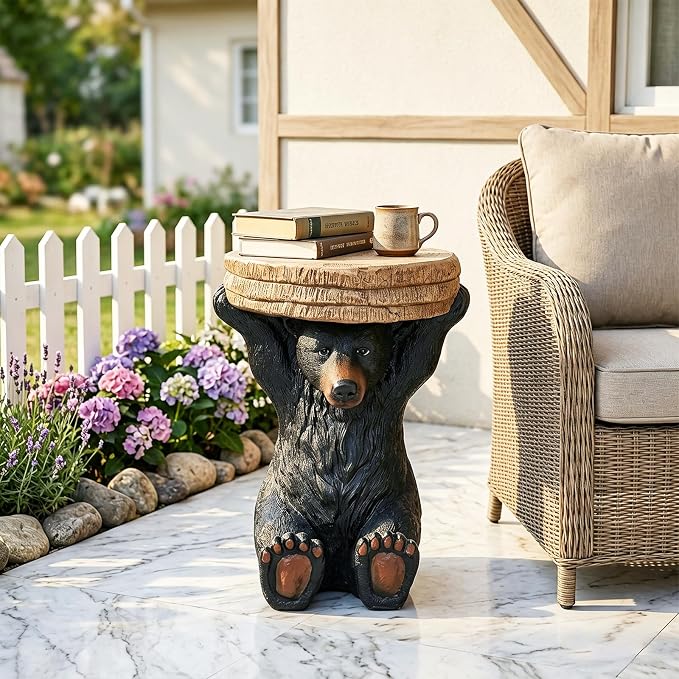 20.8" H Rustic Black Bear Side Table - Outdoor Side Table & Outdoor Decoration,Fibre Reinforced Concrete and Weatherproof, Bear Statue for Garden, Porch, Patio, Balcony or Living Room Decor