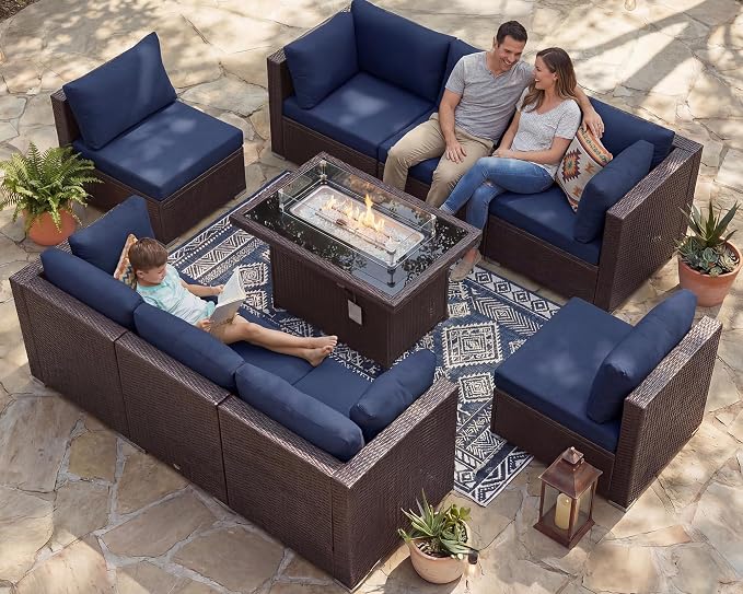 NICESOUL 9 Piece Patio Sectional Sofa Set with Fireplace Natural Gas/Propane, 29.3'' High Back Deep Seats Outdoor Conversation Couch, Extra-Large Wicker Furniture Sets, Brown Rattan and Blue Cushion
