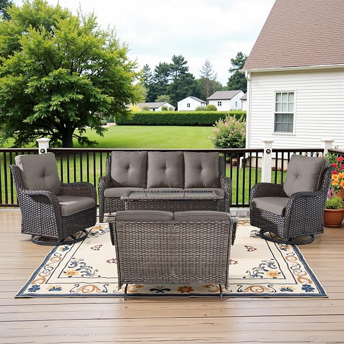 Belord 5 Piece Outdoor Wicker Furniture, Patio Swivel Rocking Chairs with Loveseat and 3 Seat Sofa,All Weather Patio Conversation Furniture Set, for Backyard Poolside Brown Wicker/Gray
