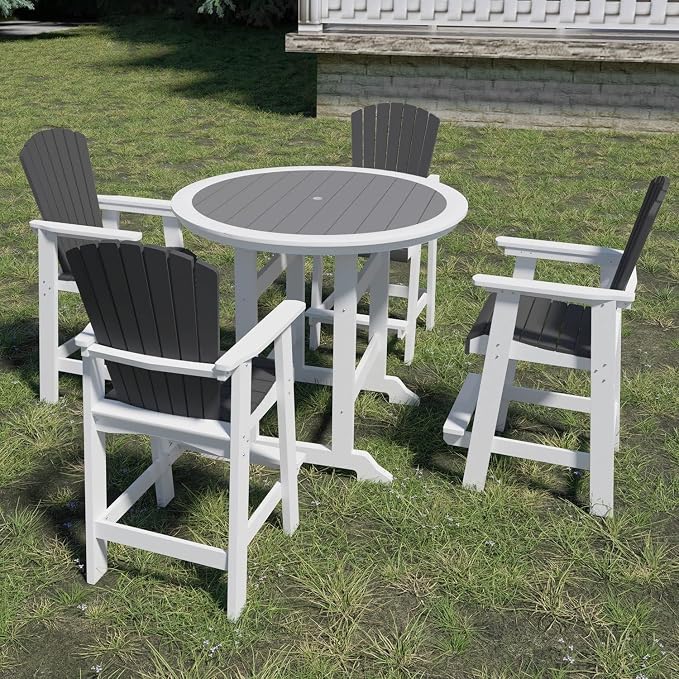 Outdoor Bar Height Table and Chairs Set of 5, Round Counter Bar Table with 1.96" Umbrella Hole, 4 Pcs Tall Adirondack Chairs Bar Stools with Arm, Patio Dining Set for Backyard Deck Balcony Front Porch