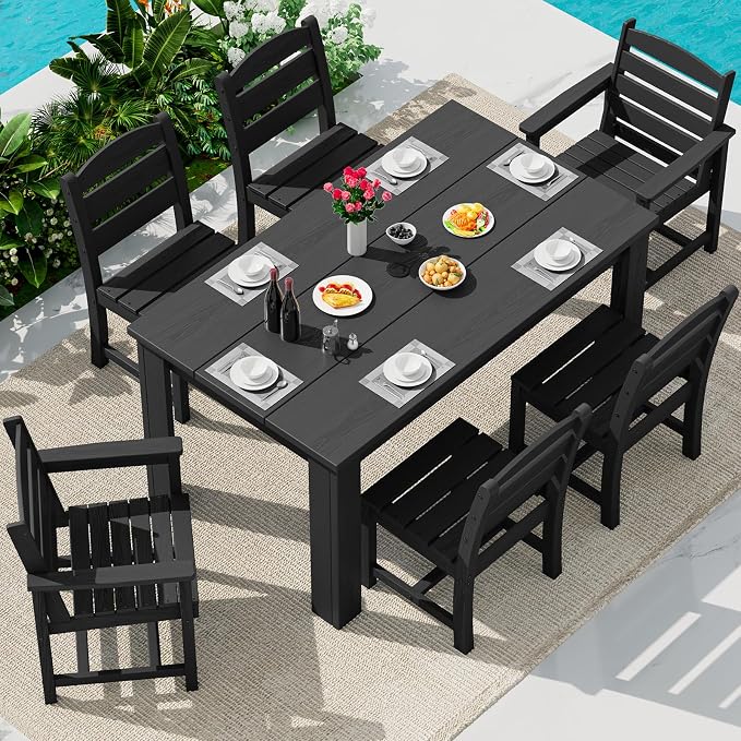 SERWALL 59" HDPE Outdoor Dining Set for 6, w/ 1 Table & 6 Chairs, Black | Armless Patio Dining Sets for All Weather Use