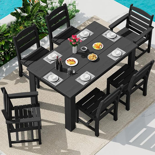 SERWALL 59" HDPE Outdoor Dining Set for 6, w/ 1 Table & 6 Chairs, Black | Armless Patio Dining Sets for All Weather Use
