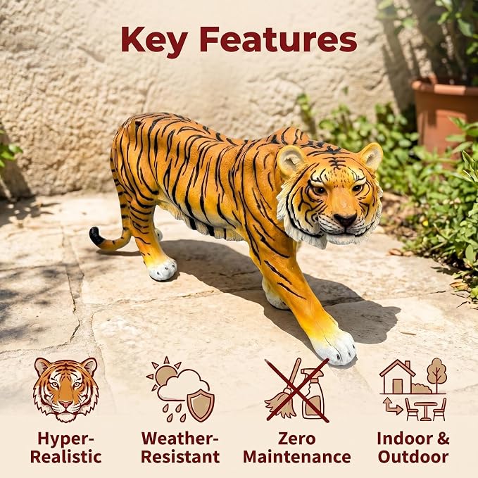 33" Large Tiger Garden Statue, Orange with Black Stripes | Fierce Walking Tiger Sculpture, For Outdoor Patio & Pool Area, Hand-Painted