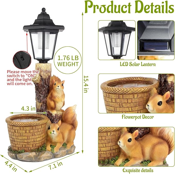 Solar Squirrels Outdoor Statues, Garden Sculpture with Flowerpot & Lantern | Cute Squirrel Figurine for Yard Art Lawn Ornaments Porch Patio Balcony - Birthday Gifts for Women Mom