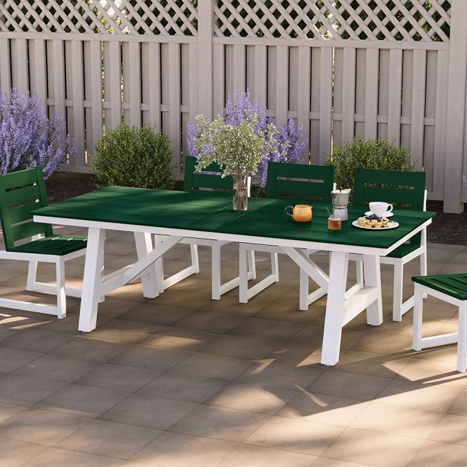 Costaelm Rectangle Patio Table, 8-Person Backyard Table 90" HDPE Dining Table with Umbrella Hole and Metal Frame for Outside, Garden, Poolside, Deck, Porch, Balcony, Dark Green