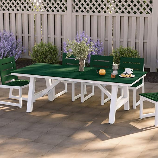 Costaelm Rectangle Patio Table, 8-Person Backyard Table 90" HDPE Dining Table with Umbrella Hole and Metal Frame for Outside, Garden, Poolside, Deck, Porch, Balcony, Dark Green