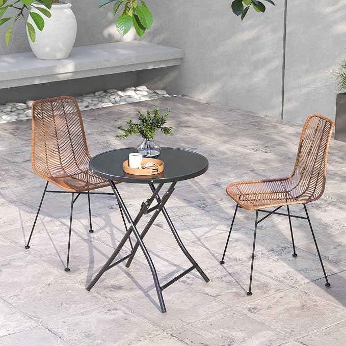 Tangkula 23 Inches Round Folding Table, Outdoor Patio Bistro Table with Tempered Glass Tabletop and Sturdy Metal Frame, Patio Side Table for Porch, Balcony, Deck