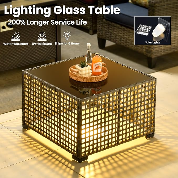 ovios Outdoor Side Table with Tempered Glass Top, Patio Wicker Solar Table, Rattan Bistro End Table for Porch Deck Balcony Garden Poolside, Grey