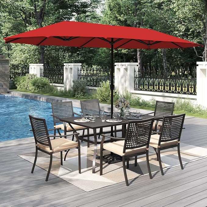 PHI VILLA Outdoor Table Chairs Set w/Umbrella, Patio Metal Furniture for 6 | 60" wrought iron rectangle table & stackable chairs w/ cushions. 13ft red umbrella. 7 pcs furniture set for deck, porch