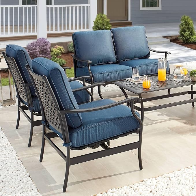 Patio Conversation Set 4 Pieces Cushioned Outdoor Furniture Sets with All Weather Frame for Porch Backyard Lawn (Navy-Blue)