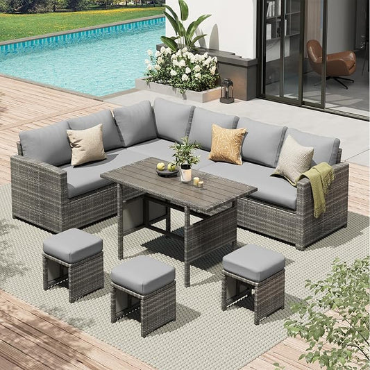 AECOJOY Outdoor Patio Furniture Set, 7 Pieces Clearance Sectional Rattan Dining Table&Chairs, All Weather Wicker Conversation Sofa Couch with Ottoman, Grey Cushions&Grey Rattan