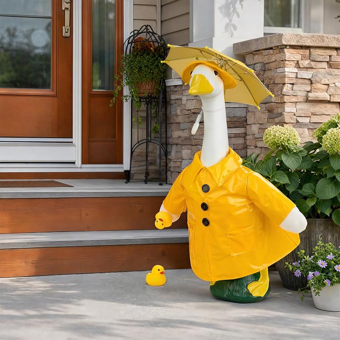 Yellow Raincoat Goose Outfits Porch Goose Waterproof Clothes with Umbrella Hat Rubber Duckie Fits 23" Geese Statue for Spring Summer Garden Lawn Patio Yard Outdoor Decor (Rubber Duckie)